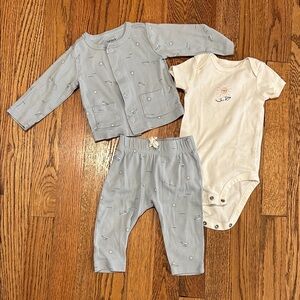 Carters 3 Piece Blue and White Paper Airplane Baby Outfit